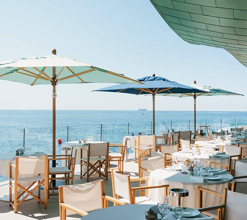 Bali beds and parasols beside the infinity pool at Lobster Club